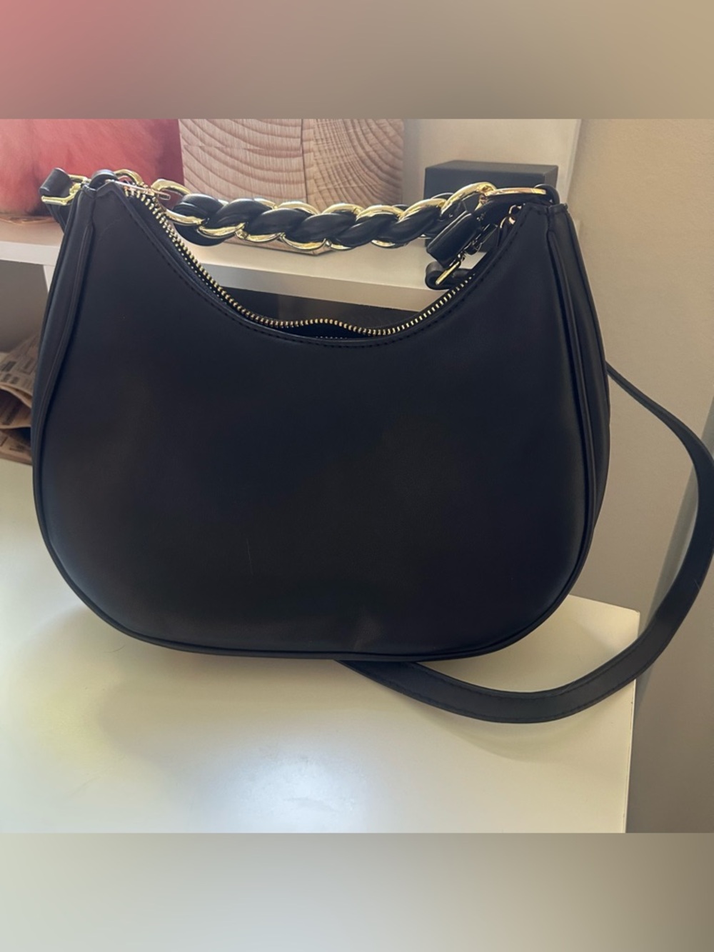 Women’s Black Shoulder Bag with Gold Chain Detail